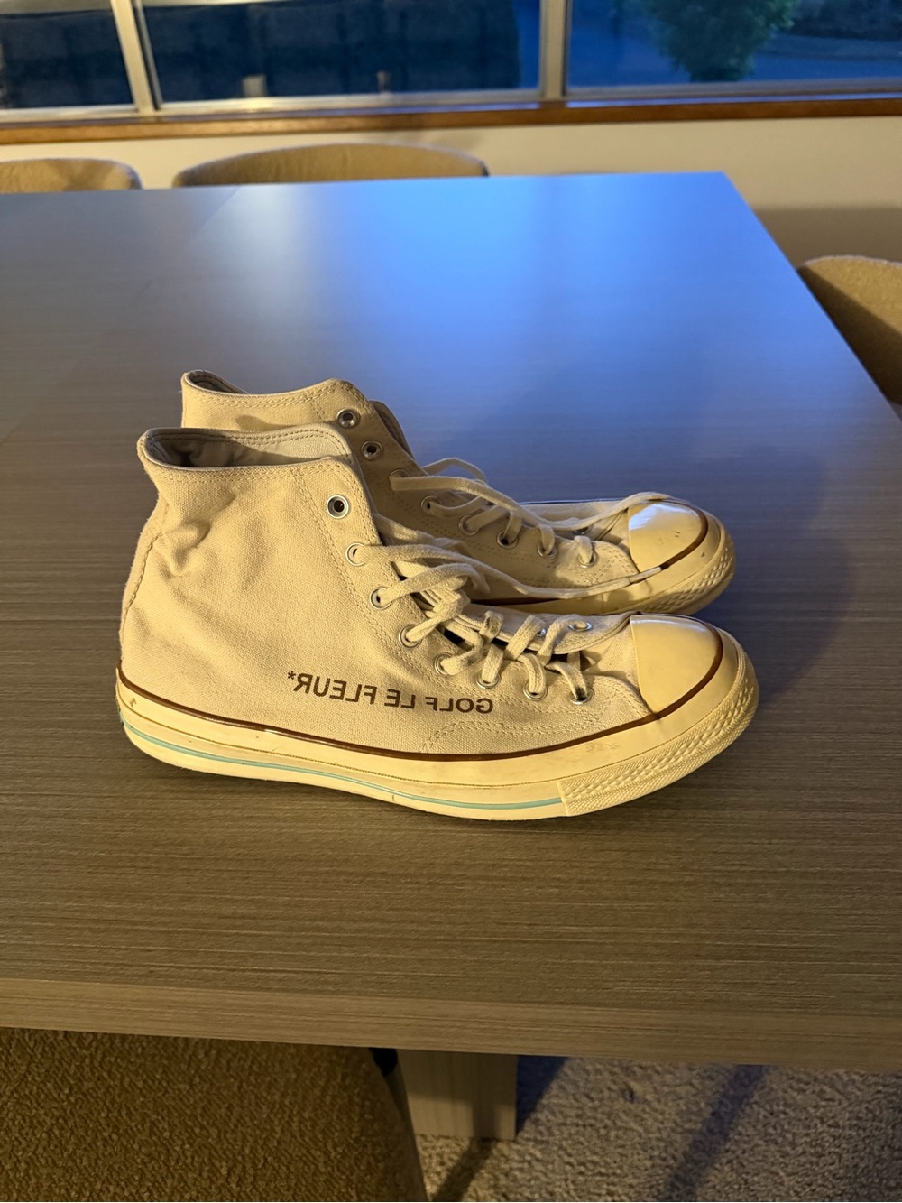 Golf Le Fleur High-Top Canvas Sneakers in Cream with Blue Stripe